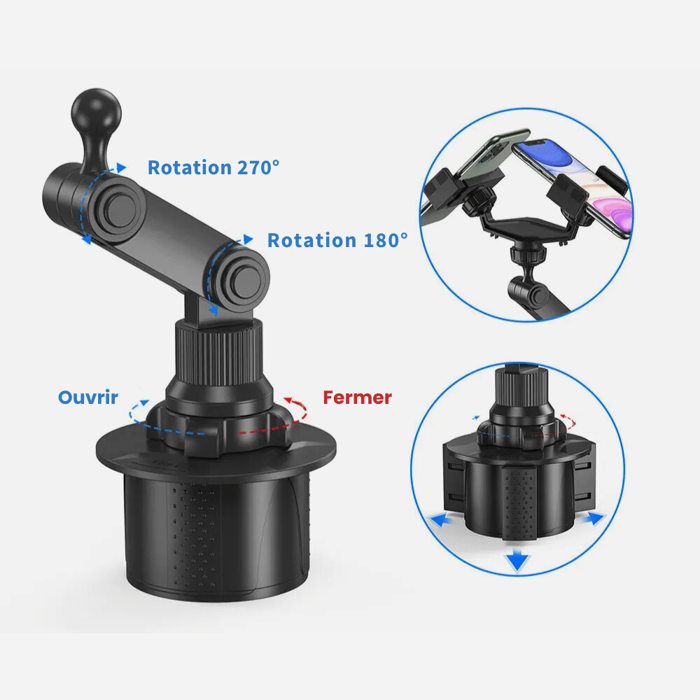 MobiGrip® - Support téléphone porte gobelet double pince Noir