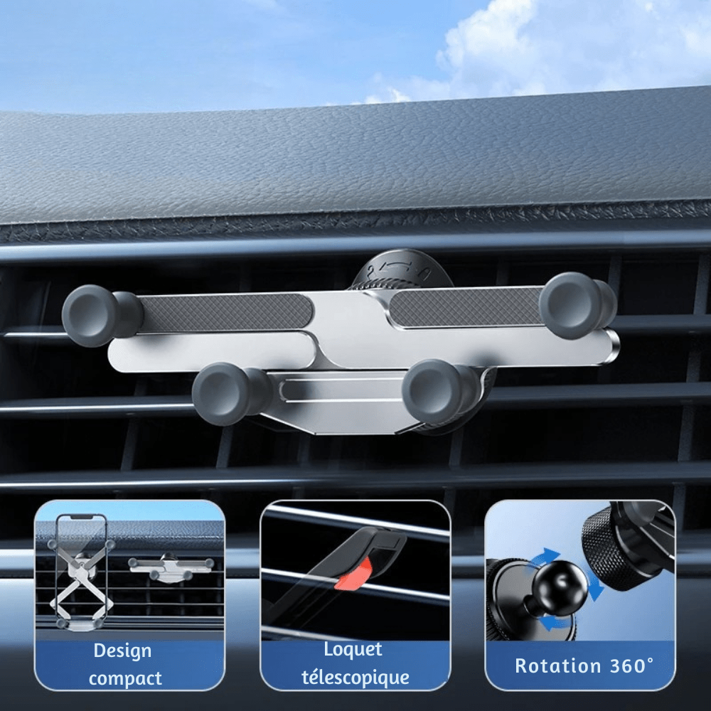 MobiGrip® - Support téléphone voiture grille aération à gravité Argent