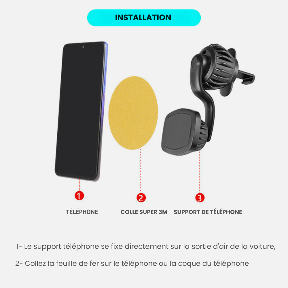 MobiGrip® - Support téléphone voiture grille aération magnétique Noir