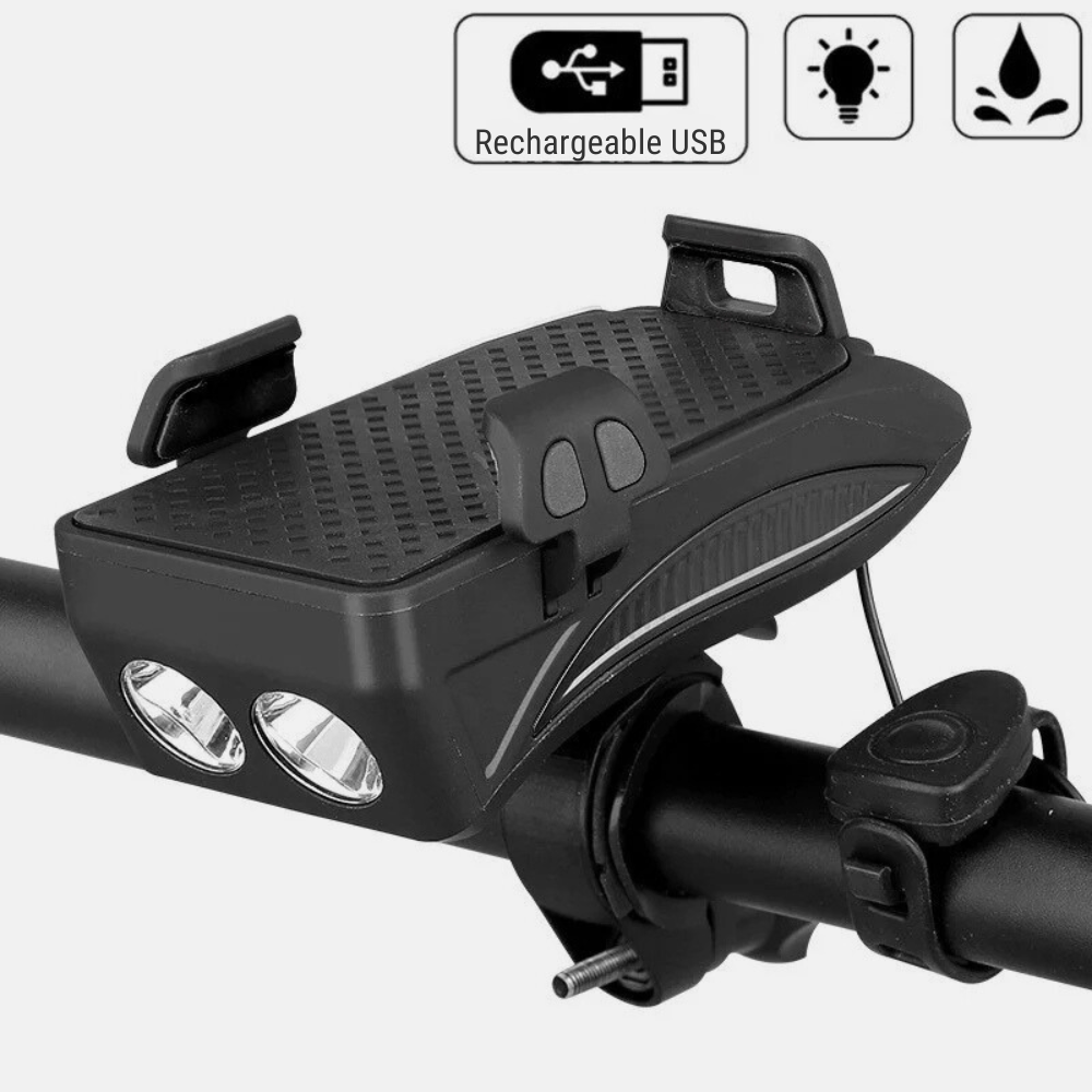 Éclairage Vélo Avec Support Téléphone Et Klaxon 130dB - Phare Puissant USB Pour Guidon